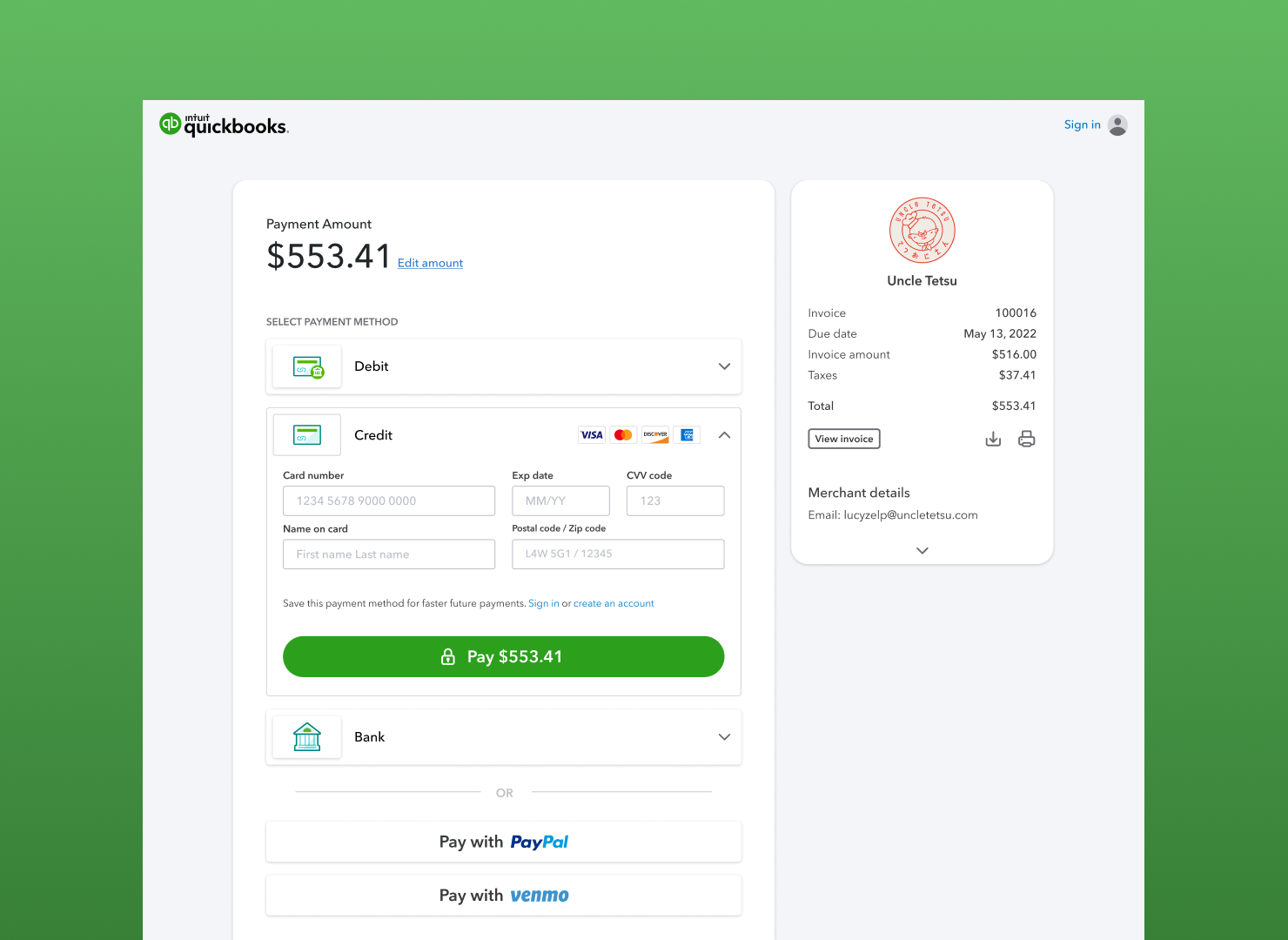 Banner depicting the QuickBooks checkout