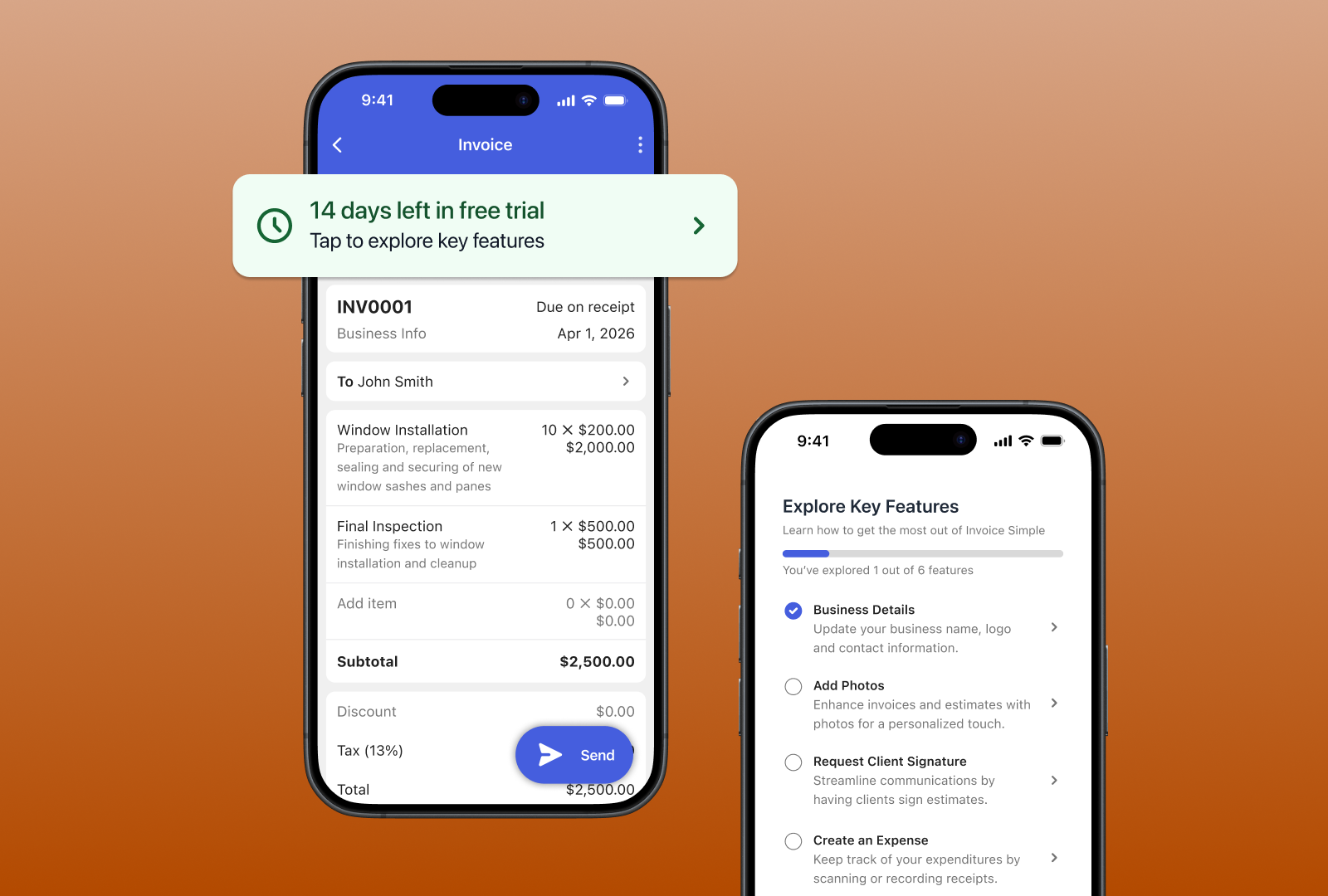 Screenshots of key free trial interface elements